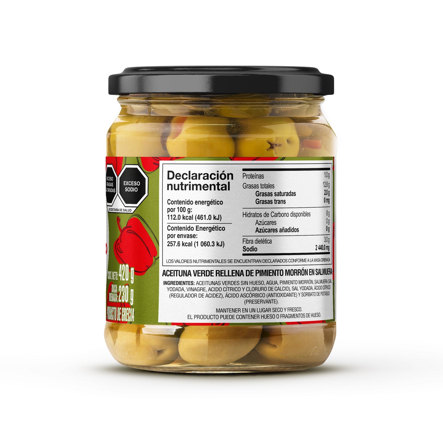 24 pcs. Green olives with bell pepper in brine 420g