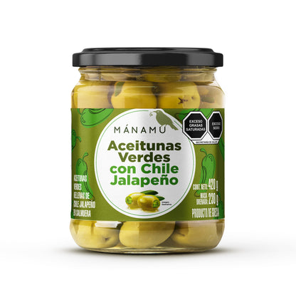 24 pcs. Green olives with jalapeño pepper in brine 420g